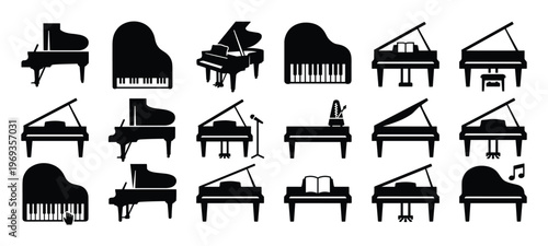 Various black silhouette grand piano icons with different perspectives and musical elements, creating a comprehensive set of musical instrument symbols