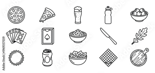 Collection of fifteen black and white outline icons representing various food, drink, and leisure items in a clean, minimalist style