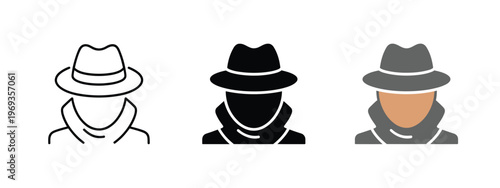 Spy, detective and secret agent icon collection illustrating anonymous avatar, incognito hacker, mafia criminal, thief silhouette, and unknown person vector design for security and mystery concepts.