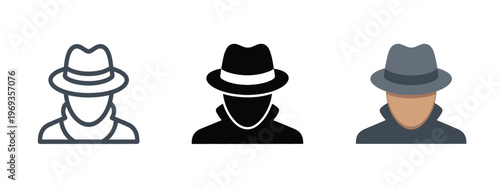 Spy, agent icon featuring detective sign, anonymous person avatar, mafia criminal man with coat and hat, secret hacker silhouette, unknown person, thief pictogram, and incognito concept in vector 
