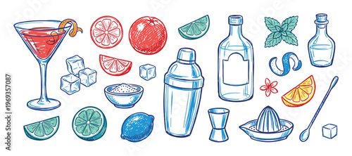 Vibrant collection of hand-drawn cocktail ingredients and bar tools, including fruits, ice, bottles, and shakers, rendered in a colorful sketch style