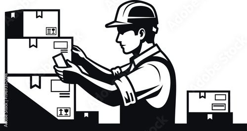 Worker inspecting packages logistics and shipping illustration