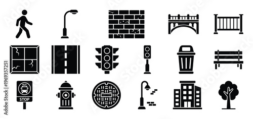 Collection of black and white urban street elements icons, including a pedestrian, street lamp, brick wall, and bridge
