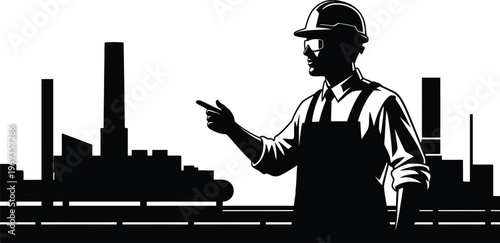 Industrial worker silhouette a foreman overseeing factory operations and infrastructure