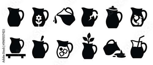 Collection of twelve black silhouette pitcher icons illustrating various uses and conditions of pitchers