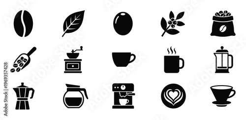 Comprehensive collection of black coffee-related icons, including beans, plants, cups, and brewing equipment, presented in a clean, minimalist style