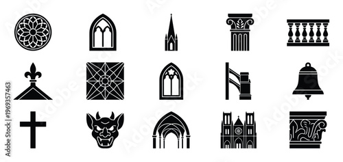 Collection of black gothic architecture elements and symbols, including windows, arches, and decorative features, presented as vector icons