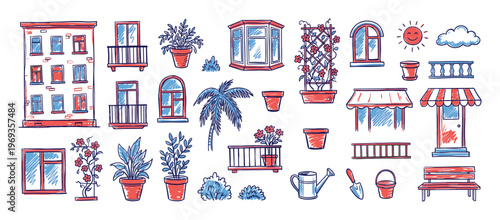 Collection of hand-drawn red and blue urban elements, including buildings, windows, plants, and garden tools, in a playful doodle style