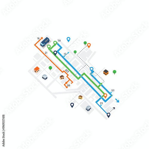 Isometric map with stylized routes, buildings, and vehicle icons