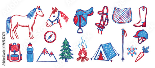 Various outdoor adventure and equestrian equipment are depicted in a playful, hand-drawn doodle style with red and blue outlines