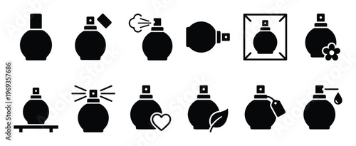 Collection of black silhouette perfume bottle icons with various details and spray effects, presented in a clean, graphic style