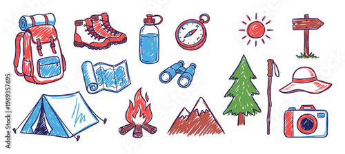 Collection of hand-drawn camping and hiking essentials, including a backpack, boots, tent, map, and campfire, in a playful doodle style