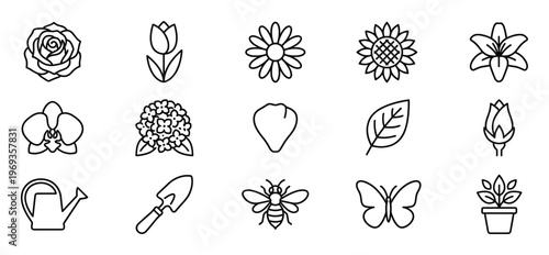 Collection of fifteen black outline icons representing various gardening and nature-related elements, including flowers, tools, and insects