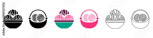 Yarn balls in basket silhouette icon for textile craft and knitting