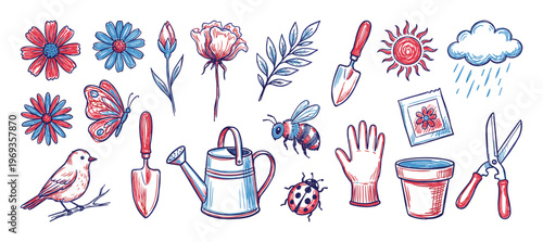 Various hand-drawn gardening elements, including flowers, tools, insects, and weather icons, are arranged neatly, showcasing a charming, rustic style
