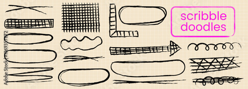 Set of hand drawn scribble doodles, including frames, arrows, grids, and decorative lines on a grid background