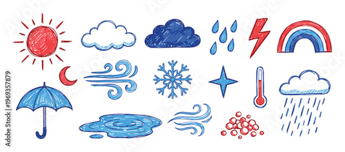 Various hand-drawn weather icons in a doodle style, featuring sun, clouds, rain, wind, and other atmospheric elements