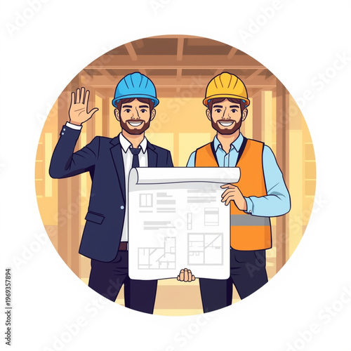 Professional Project Managers Reviewing Blueprints in Unfinished Building Interior