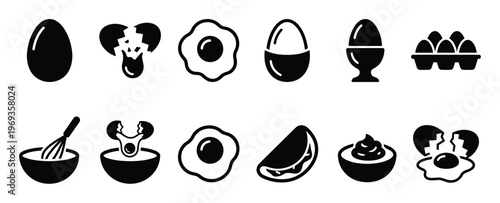 Comprehensive set of black and white egg icons illustrating various forms and preparations of eggs, presented in a clean, graphic style