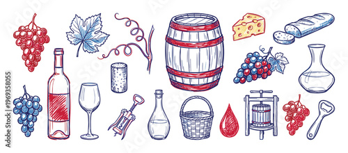 Collection of hand-drawn wine-related items including grapes, bottles, barrels, and cheese, depicted in a charming sketch style