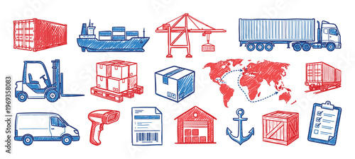 Collection of hand-drawn logistics and shipping icons in red and blue colors, illustrating global transportation and delivery processes