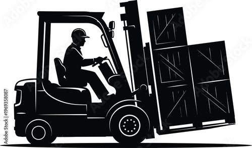 Forklift operator lifting pallets a black and white industrial scene