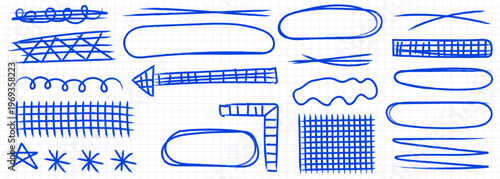 Set of handdrawn blue ink scribbles, frames, arrows, and grid patterns on a graph paper background