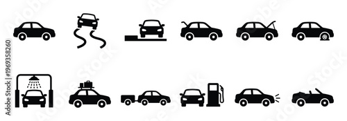 Collection of black silhouette car icons depicting various driving situations and vehicle conditions on a white surface