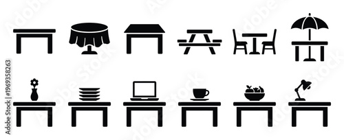 Various black silhouette table icons are neatly arranged in two rows, showcasing different styles and items on them