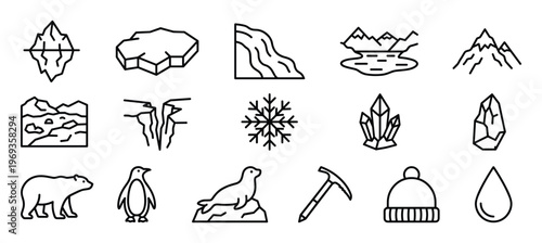 Collection of black outline icons representing various arctic and natural elements, including animals, landscapes, and weather