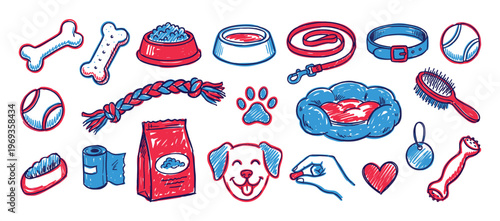 Collection of various hand-drawn dog accessories and pet care items in red and blue sketch style