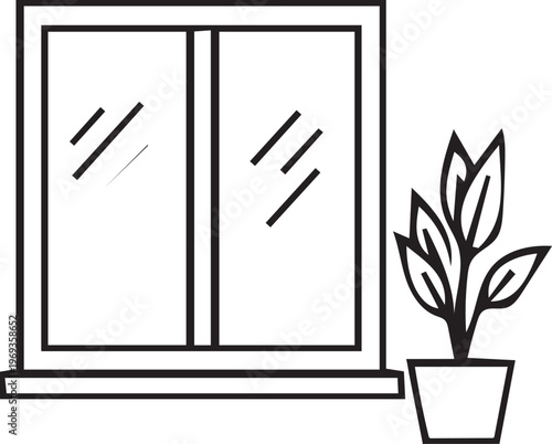 A simple outline drawing of a window next to a potted plant.