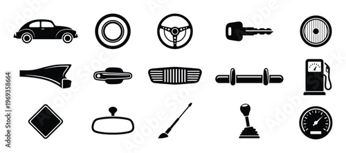 Collection of black and white silhouette icons representing various car parts and automotive elements, depicted in a clean, graphic style