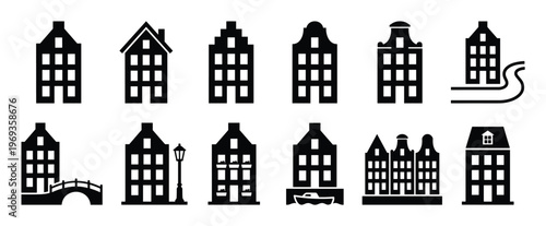 Collection of various black silhouette Dutch canal house icons with different gables and details