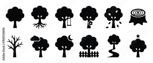 Collection of diverse black tree icons and a tree stump, showcasing various natural elements and simple designs