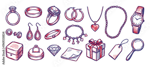 Collection of hand-drawn jewelry items, including rings, earrings, necklaces, and a watch, rendered in a vibrant sketch style