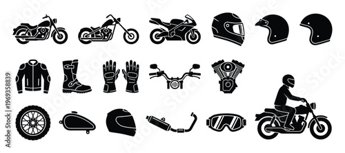 Comprehensive collection of black silhouette motorcycle icons and accessories, including bikes, helmets, and gear, presented as a graphic illustration