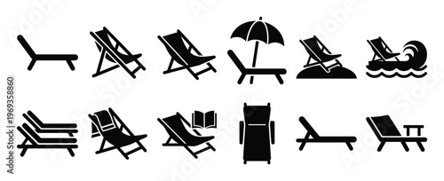 Collection of black silhouette beach chairs and sun loungers in various positions and arrangements, including with an umbrella and waves