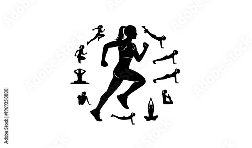 Dynamic woman workout silhouette composition with running and exercise poses vector illustration on white background