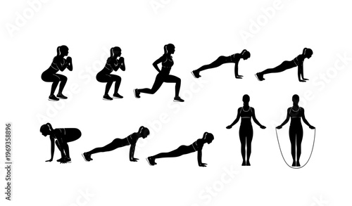 Woman fitness silhouette vector set with workout exercise poses in clean minimalist style on white background