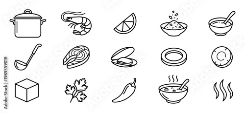 Collection of fifteen black outline icons representing various cooking ingredients and kitchen utensils, presented in a clean, minimalist style