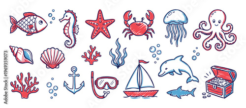 Vibrant collection of hand-drawn red and blue marine life and nautical elements, featuring a fish, seahorse, starfish, crab, jellyfish, octopus, shells, coral, seaweed, anchor, snorkel mask,