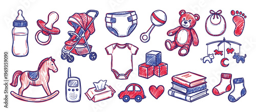 Collection of hand-drawn baby items and toys in red and blue sketch style, including a bottle, pacifier, stroller, and teddy bear