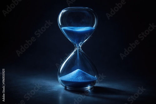 Dark background with a blue sand timer and subtle shadow effects