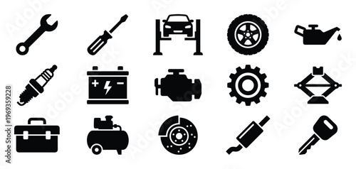 Collection of black silhouette icons representing various car repair and maintenance tools and parts