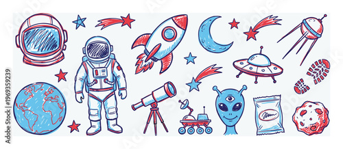 Collection of hand-drawn space exploration elements including an astronaut, rocket, planet, and alien in a doodle style