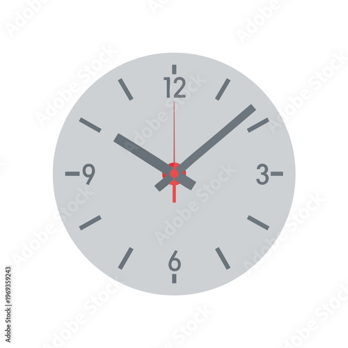 A grey analog clock face with dark grey hour/minute hands and a red second hand