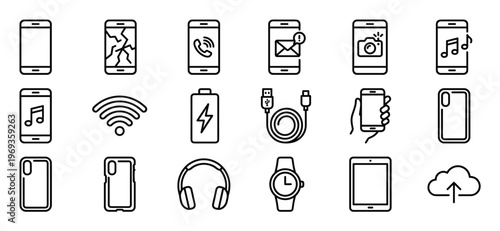 Collection of twenty detailed black outline icons representing various mobile phone functions and related electronic devices