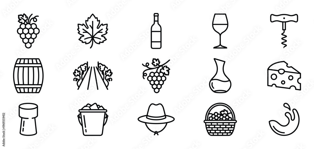 Naklejka premium Collection of fifteen black outline icons representing various elements of wine production and consumption, presented in a clean, minimalist style