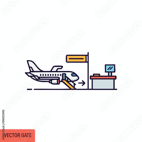 Airplane boarding stairs leading to jet at airport gate with check-in counter